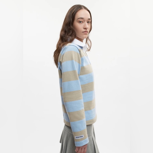 KOTN Shrunken Rugby Shirt - Taupe/Powder Cropped Striped Cotton Longsleeve - Picture 3 of 7